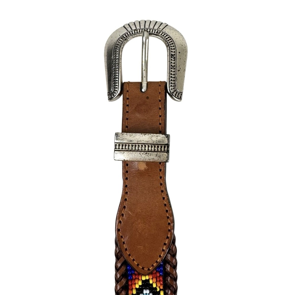 Vintage 90's South Western Beaded Brown Leather Belt 37.5" Native American Aztec - Picture 6 of 13